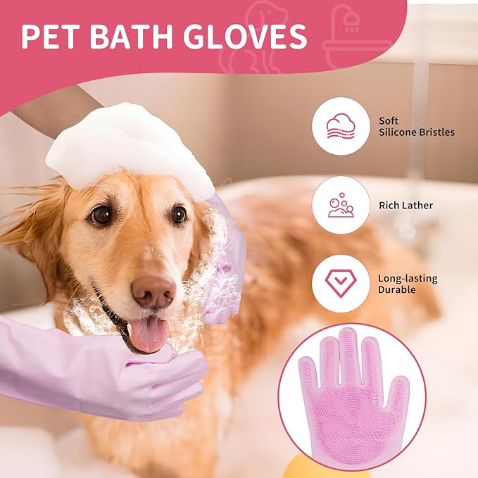 6PCS Pet Bath Grooming Kit for Dogs and Cats, Dog Washing Set with Hair Brush, Shampoo Scrubber, Bath Gloves, Quick Dry Towel & Large Storage Bag, Pink Pet Shower Grooming Supplies