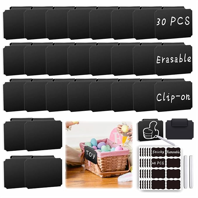 81-Piece Set of Basket Labels Clip On for Storage Bins, Erasable & Reusable | 30 Washable Plastic Kitchen Pantry Labels & 48 Removable Tag Stickers & 3 White Chalk Markers for Organization, Laundry, Jar