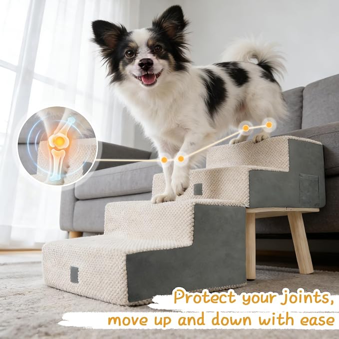 4-Step Ottoman Dog Stairs,2-in-1 Foldable Dog Ramp for Bed | for Small Dogs and Cats, High-Density Foam & Wood Support, Side Storage Pocket, Foldable, 170 lbs, Machine Washable, Grey