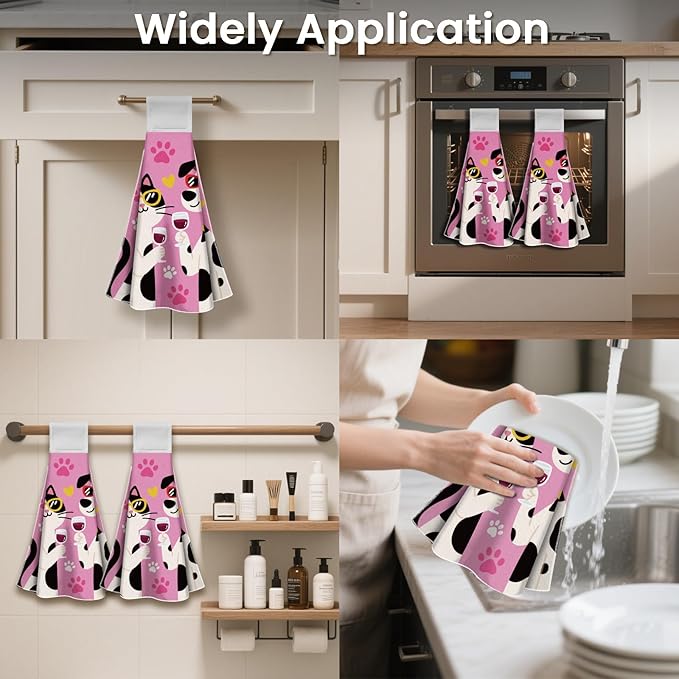 CUTHOLLOW Cartoons Cat and Dog Hanging Kitchen Towels with Loop, Set of 2 - Soft & Absorbent Microfiber Decorative Hand & Hanging Dish Towels for Kitchen, Tea Towel Hang on Oven Door, Stove Handle