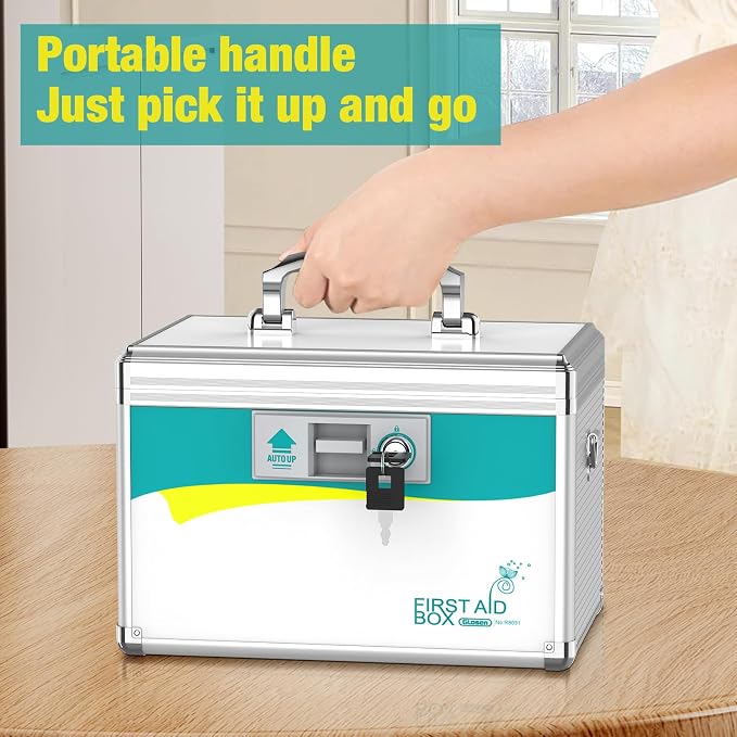 Glosen Medication Lock Box with Key, 2-Layer Medicine Lock Box with Meds Tray, Portable First Aid Box with Handle & Shoulder Strap for Home, Travel(12x7.7x7.9Inch)