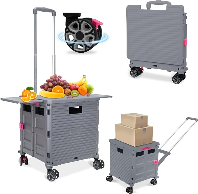 FELICON SELORSS Folding Utility Cart Portable Rolling Crate Handcart-Gray | Adjustable Handle+Extended Magnetic Lid,Storage Basket Box,4 Swivel Wheels Tote for Teacher Move Shop Travel Grocery Office