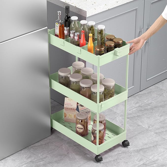 3 Tier Rolling Cart with Wheels, Storage Craft Art Trolley Organizer Serving, 3 Hanging Baskets Easy Assembly, for Office, Living Room, Kitchen, Green