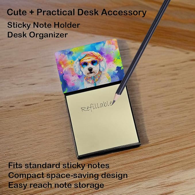 Caroline's Treasures Bichon Frise Hippie Dawg Sticky Note Holder Refillable Dispenser Self-Sticky Note Pads, Memo Pads Blank Desk Accessories