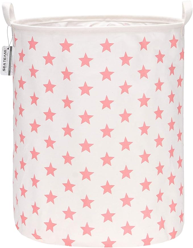 Sea Team Large Canvas Laundry Basket with Handles, Pink Stars | Collapsible Fabric Laundry Hamper, Closet Shelf Organizers, Containers for Clothing, Blankets, Toys, Bedding, 19.7 x 15.7”