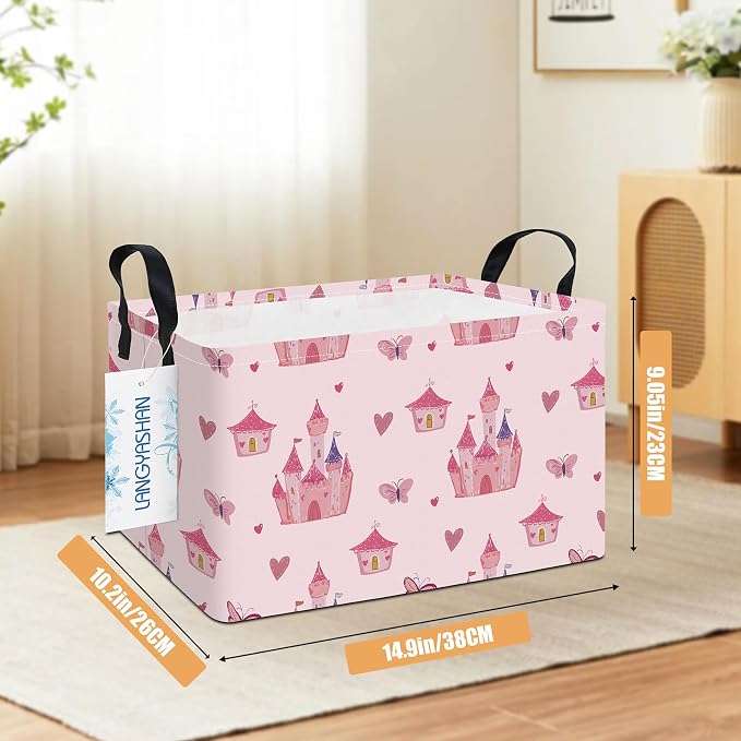 Rectangular Collapsible Pink Castle Storage Basket Nursery Toy Organizer | Storage Bin Foldable Canvas with Handles for Organizing Home Kitchen Children Toys Office Closet Shelf Baskets