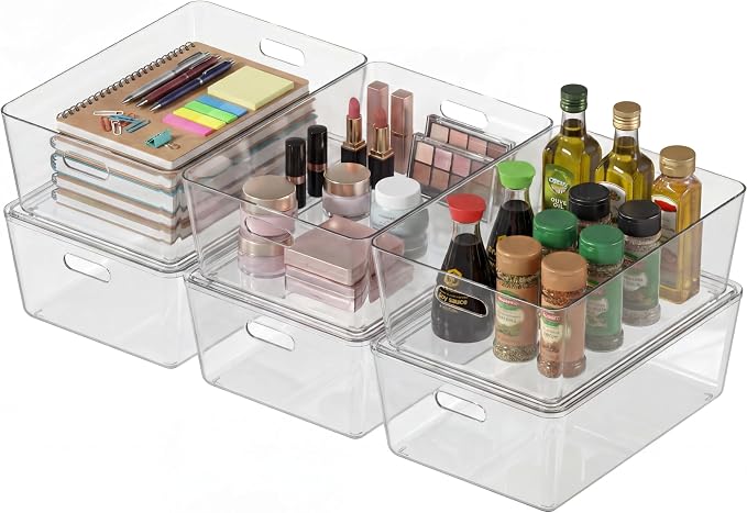 6 Pack Large White Storage Bins with Lids, PET Plastic Pantry Organizers and Storage Containers for Kitchen, Fridge, Bathroom, Office (Clear)
