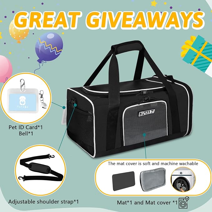 Small Pet Carrier 17" L x 11" W x 9.5" H Airline Approved, Black | for Alaska Airlines, Lockable Safety Zippers and Anti-Scratch Mesh, Pets Under 10 lbs