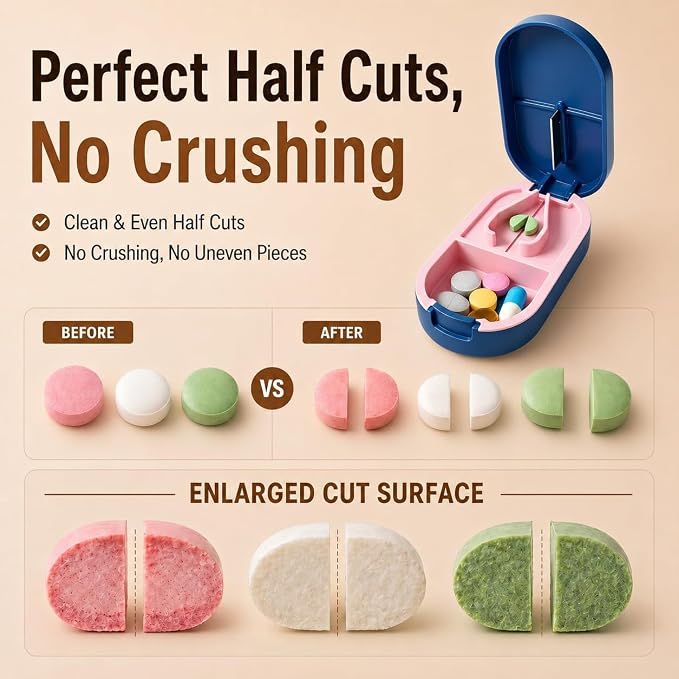 Pill Splitter for Accurate 1/2 Cuts – Sharp Blade, No Crushing, Easy to Use Tablet Cutter with Storage Compartment, Portable for Daily Medication, Seniors, Kids & Pets