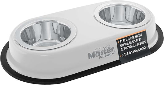 Master Pet Supply Double Dog Bowls Set with Elevated Base and 2 (8 oz) Stainless Steel Removable Dishes (Bone White) – Double Cat Food Water Bowl, Dog Puppy Food Bowl Set, Rust Resistant