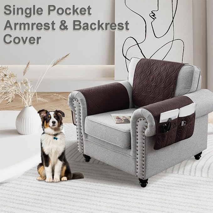 Recliner Armrest Cover with Headrest, Chair Armrest Slipcover with Side Pockets, Water-Resistant, Non Slip Furniture Protector for Pets(Brown,1 Seater 3PCS)
