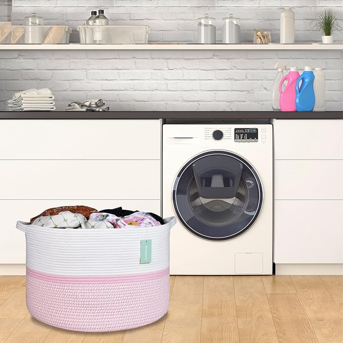 Cotton Rope Basket for Girls Kids, 87L Laundry Hamper, White & Pink