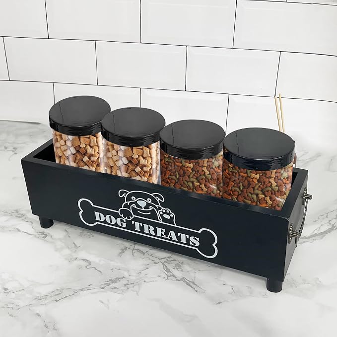 Large Dog Treats Container, Dog Cookie Jar for Dogs Cat Treats Container, Farmhouse Wood Pet Treats Storage Organizer for Dog Food Storage Container with 4 Jars, Cat Dog Treat Organizer