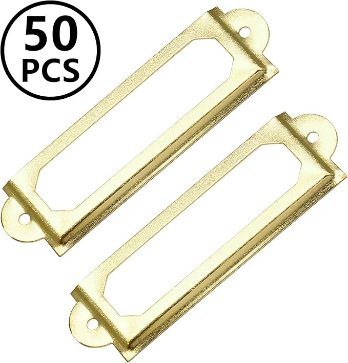 50 PCS Metal Label Holders 60x17mm Gold with Screws | Iron Gold-Plated Rust-Proof, 60x17mm Fits 44x10mm Label, Screws Included, For Cabinet Drawer File Box