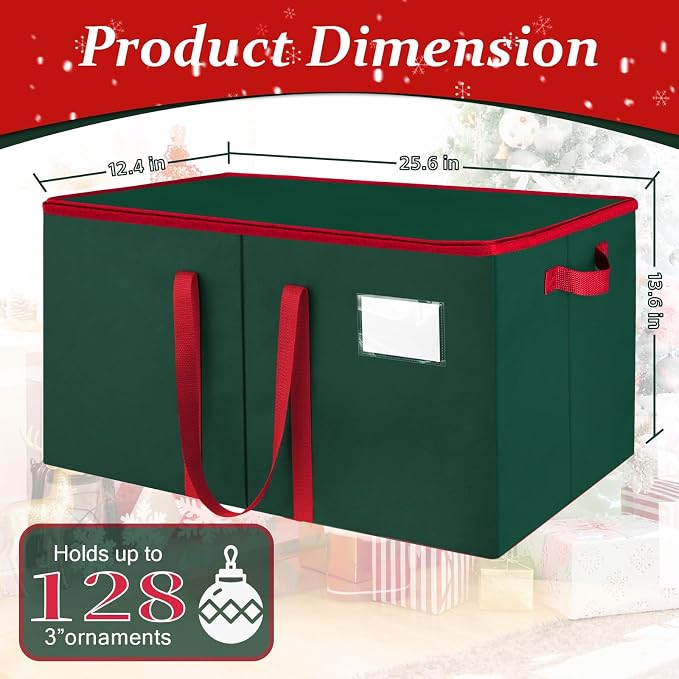 SeasonBliss Christmas Ornament Storage Box, Large Holds 128 Balls, Green | Christmas Decoration Organizer, Sturdy Storage Bin, Adjustable Dividers, Holiday Ornaments Protection, With Zippers Handles