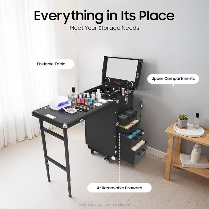 Cosmetic Trolley Storage Organizer, Foldable Nail Tables with 4 Drawers Mirror&Speaker for Hair Stylists Pet Groomers Makeup Artists Technician Workstation Salon (Black Silver)