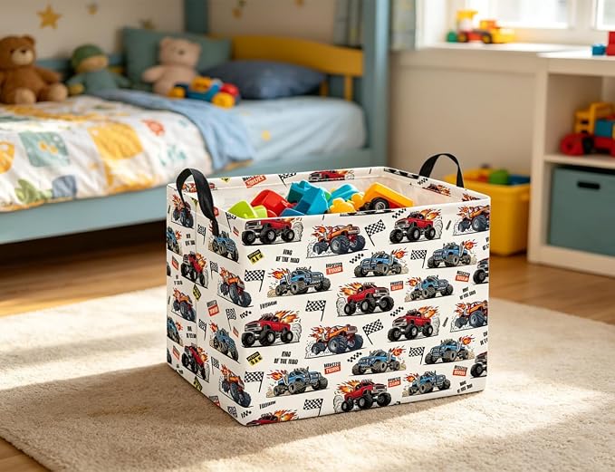 Rectangular Baby Kids Storage Basket for Home Kitchen Girls Cute Toy Storage Bin Organizer Shelf Book Room Decor(Racing Truck)