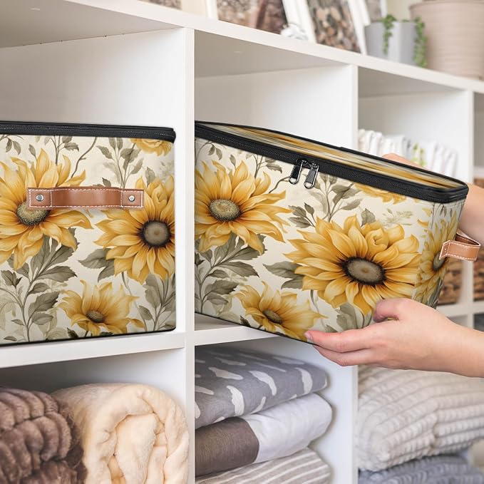 Pardick Flower Sunflower Storage Bins Storage Basket with Zipper Lid & Handle Foldable Storage Box Storage Cube Bin Clothes Organizer for Closet, Bedroom