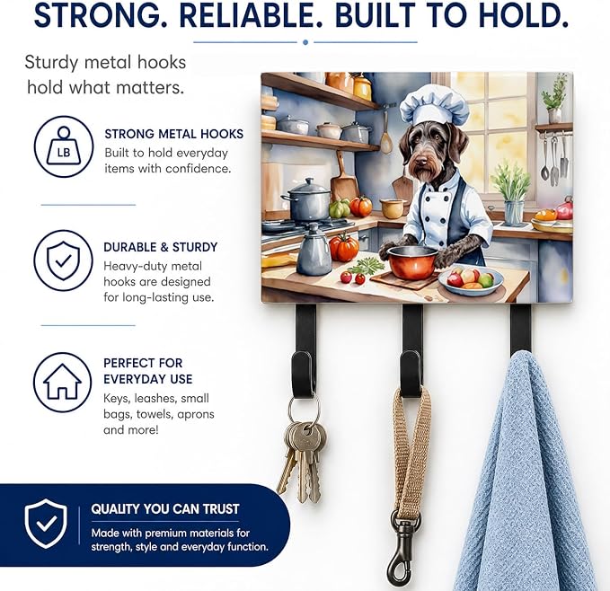 Caroline's Treasures German Wirehaired Pointer The Chef Leash or Key Holder Wall Hooks, Key Hooks Holder, Coat Rack Wall Mount, Coat Hooks, Hooks for Hanging Keys, Towels, Aprons, Leashes | German Wirehaired Pointer The Chef artwork on ceramic tile wit...