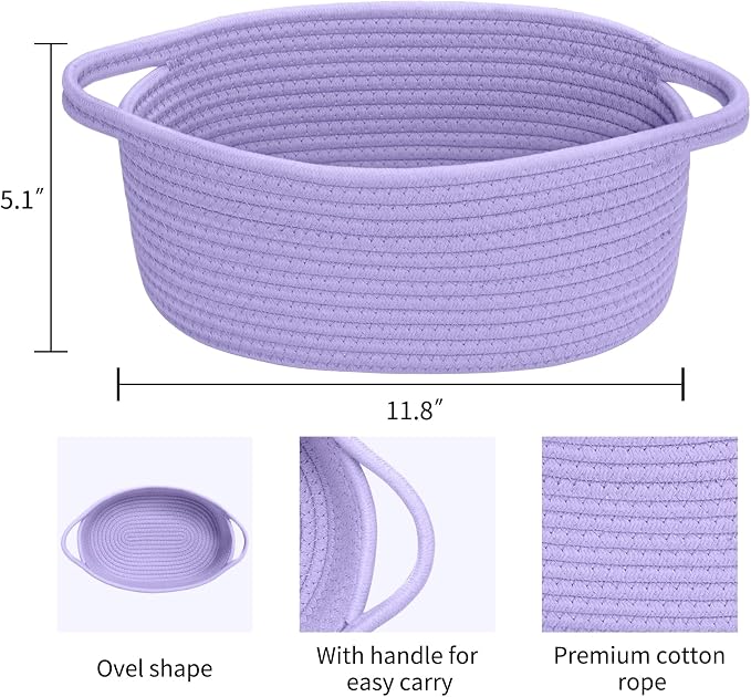 ABenkle Small Basket with Handles, Boho Decorative Rope Woven Dog Cat Toy Storage Bin Shelf Storage Organizer, Easter Christmas Gift Basket, 12"x8"x5"
