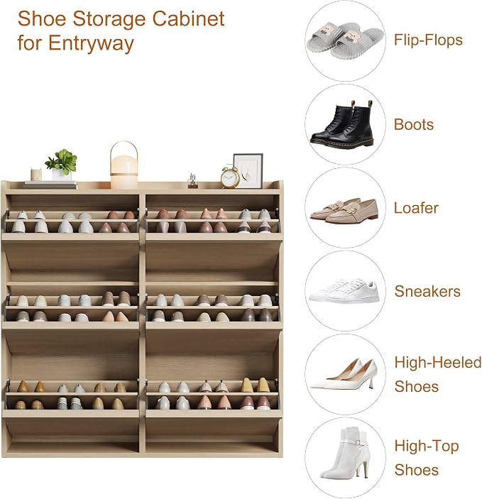 GarveeHome Shoe Cabinet with 6 Flip Drawers, Wooden Shoe Organizer Cabinet with Adjustable Shelf, Shoe Storage for Entryway, Hidden Shoe Cabinet for Hallway, Living Room, Natural Oak