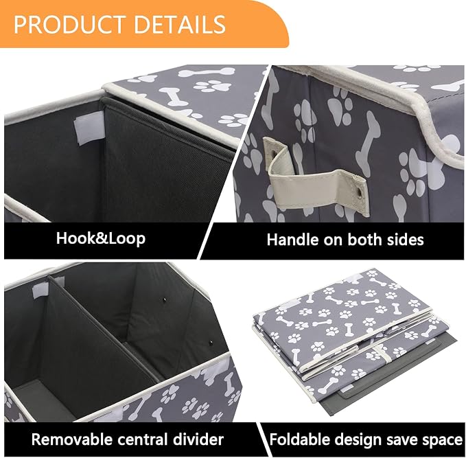 Pet Toy Storage Box with Lid Basket Organizer - Perfect Collapsible Bin for Living room, Playroom, Closet, Home Organization - Bone Paw