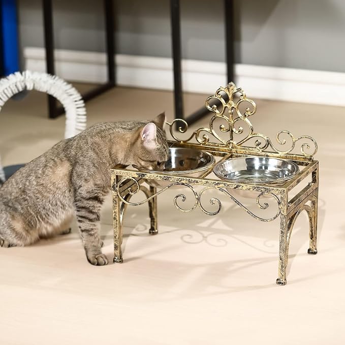 8.78" Height Elevated Dog Bowls for Large Dogs, Metal Raised Dog Feeder | Lifted Dogs Dish Stand with Double Stainless Steel Bowls for Food and Water, Antique Gold Finish Tall Dog Bowl Stand
