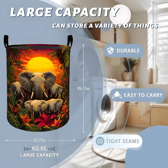 Elephant Laundry Basket, Jungle Animal Sunset Nature Storage Hamper, Round Collapsible Waterproof Cloth Bin, 19.7x15.7 Inch Tropical Clothes Organizer Gifts for Bathroom Decor