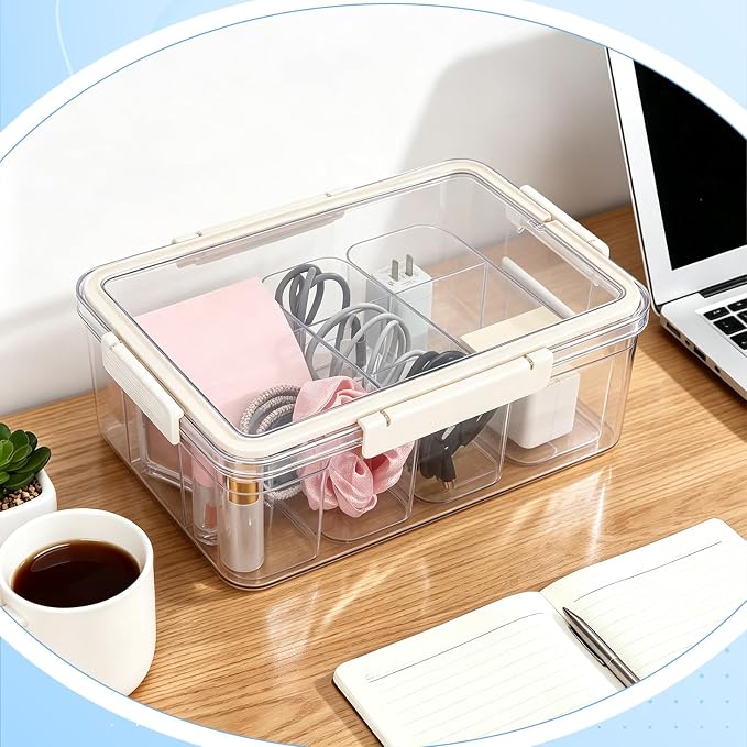 Large Cable Storage Box with Lid Clear Power Cords Organizer 4 Adjustable Dividers Case Desktop Cable Management Box for Home Office Phone Charger Art Crafts Stationery (Yellow)