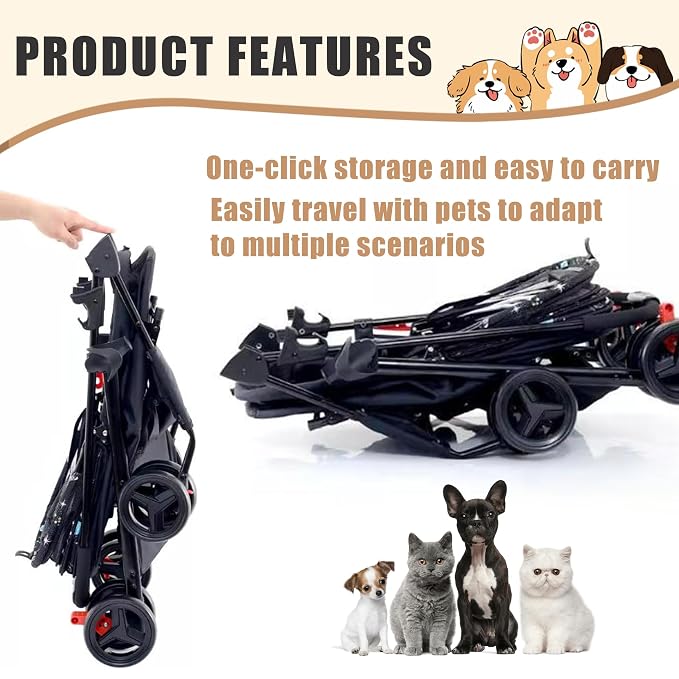 3-in-1 Pet Stroller for Small/Medium Dogs&Cats, 4 Wheels Lightweight Dog Stroller with Detachable Carrier, Storage Basket and Cup Holder, One-Click Folding Pet Travel Carrier for Car Seat & Hand Carry