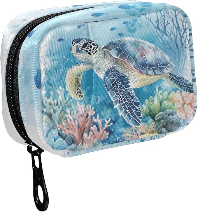Fustylead Watercolor Sea Turtle and Coral Fish Pill Organizers 2 Times A Day Pill Case Bag with Zipper Portable Weekly Pill Dispensers for Vitamin Supplement