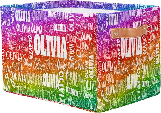 Custom Name Storage Bin, Bright Colorful Rainbow Sequins Glitter | Organizing Boys Girls Pets Toys Closet Shelf Clothes Books