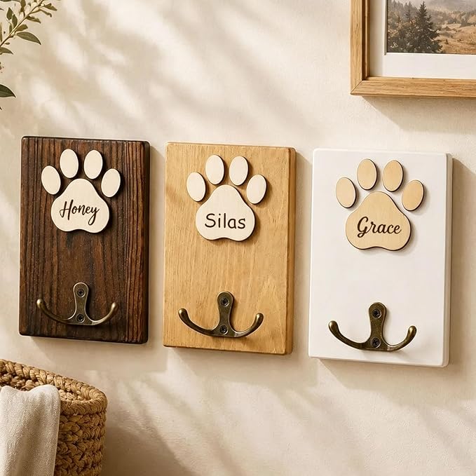 Personalised Engraved Dog Lead Holder Paw Print Hook Plaque For Keys & Gift | Custom Pet Leashes Organizer Cute Wooden Dog Leash Holder and Dog Lead Hook with Engraved Pet Name for Women