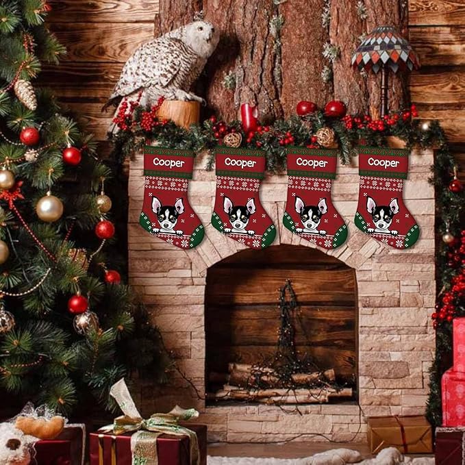 Personalized Christmas Stocking Cairn Terrier Dog Red Christmas Snowflake Xmas Holiday Stocking Fireplace Home Decor 14"