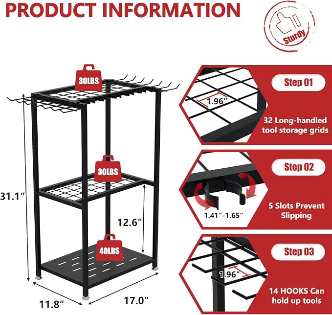 Faesun Garden Tool Organizer, 3-Tier Metal Yard Tool Rack with 14 Hooks & 5 Slots, Holds 50+ Rakes/Shovels/Brooms, Heavy Duty Freestanding Lawn Tool Storage for Garage Shed Outdoor Organization