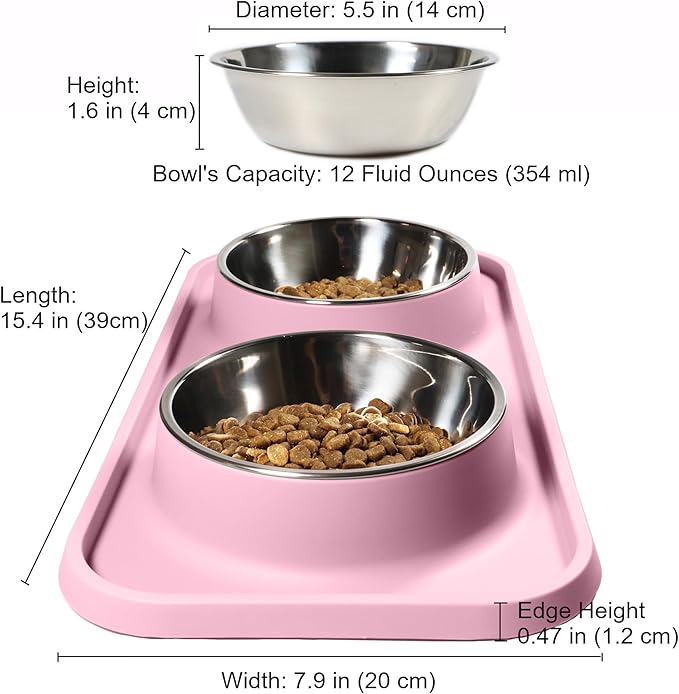 L.D.Dog Cat Food Bowls, Cat Bowls Non-Skid and Non-Spill Silicone Pads with PP Stand, Removable Stainless Steel Food and Water Dishes for Cats, Small Size Dogs