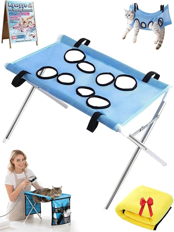 2-in-1 Foldable Pet Grooming Bed Dog Washing Grooming Table for Bathing | Portable Dog Wash Hammock Sling with Stand 44lbs Capacity Multifunctional Holder for Daily Bathing Nail Trimming Travel