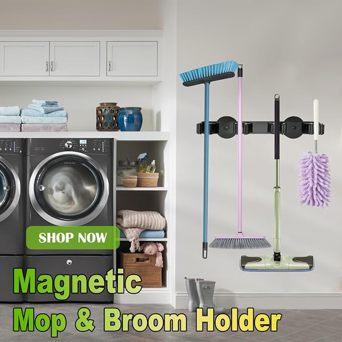 Strong Magnetic Mop Broom Holder | Heavy Duty, For Refrigerators, Magnet Wall Mount, Anti-slip Storage Rack, For Home Kitchen Workshop Laundry Garage