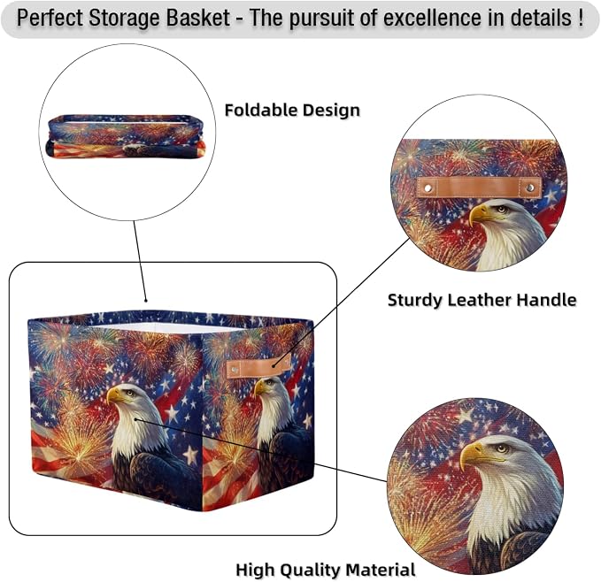 USA Flag Eagle Storage Baskets with Handles Fabric Storage Boxes Collapsible Nursery Basket for Shelves Book Cloth Closet Organizer Bins 15 X 11 X 9.5 IN