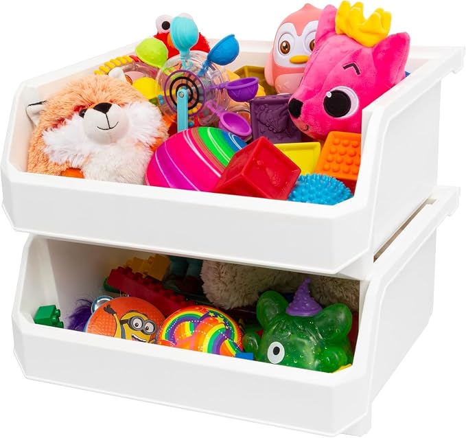 Extra Large Stackable Plastic Storage Bins, 4-Pack, White | Open-Front Stackable Bins For Garage, Pantry, Closet & Office, 14,8"L X 16,5"W X 7"H, Nests When Empty, Durable Plastic,