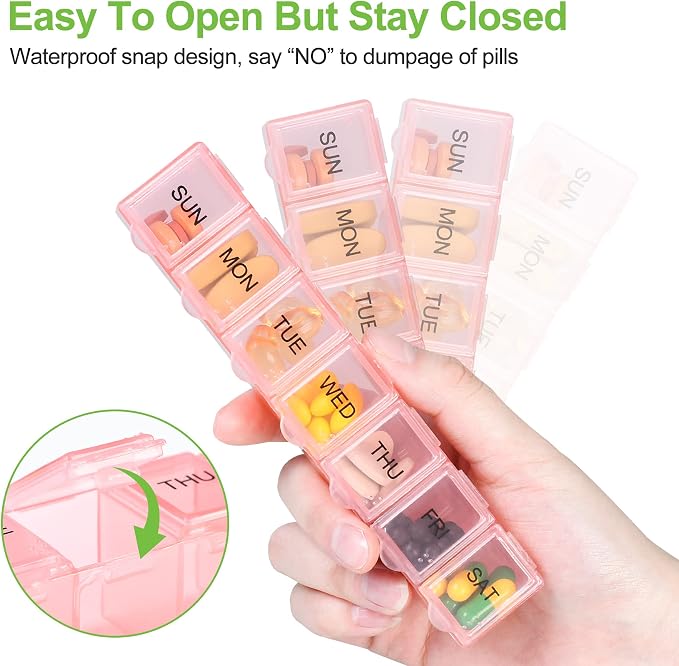 4 Pack Weekly Pill Organizer, 7 Days Pill Case Travel Daily Pill Box | Portable Medicine Organizer and Planner with Compartment for Vitamins, Fish Oil, Supplements and Medication (4 Colors)