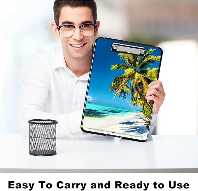 Blue Beach Palm Tree A4 Clipboard with Storage Pen Holder, Clipboards Organizer Nursing Clipboard Foldable File Folder Plastic Clipboard Folio Clip Board for Office Students Classroom