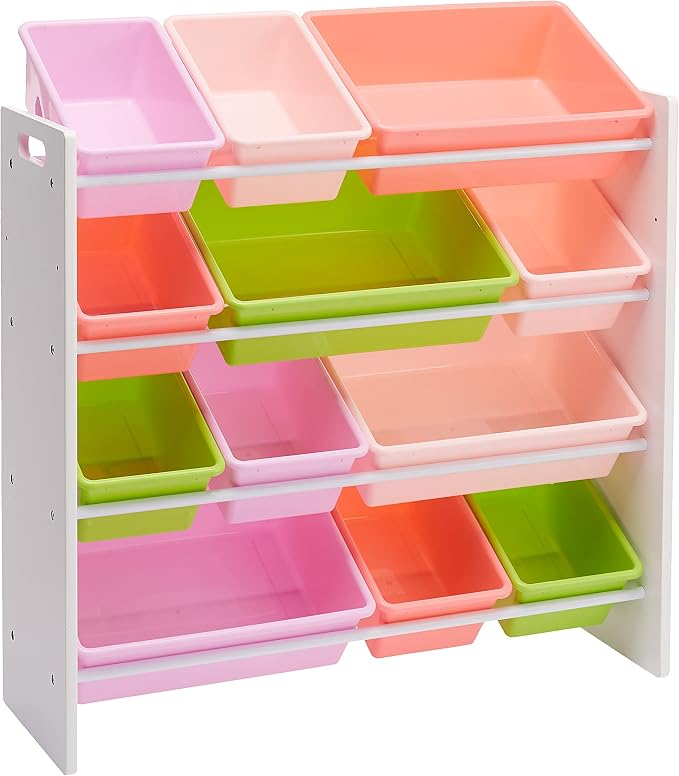 Amazon Basics Kids Toy Storage Organizer with 12 Plastic Bins, White Wood with Pink Bins, for Bedroom and Playroom, 33.85"D x 12.79"W x 35.42"H
