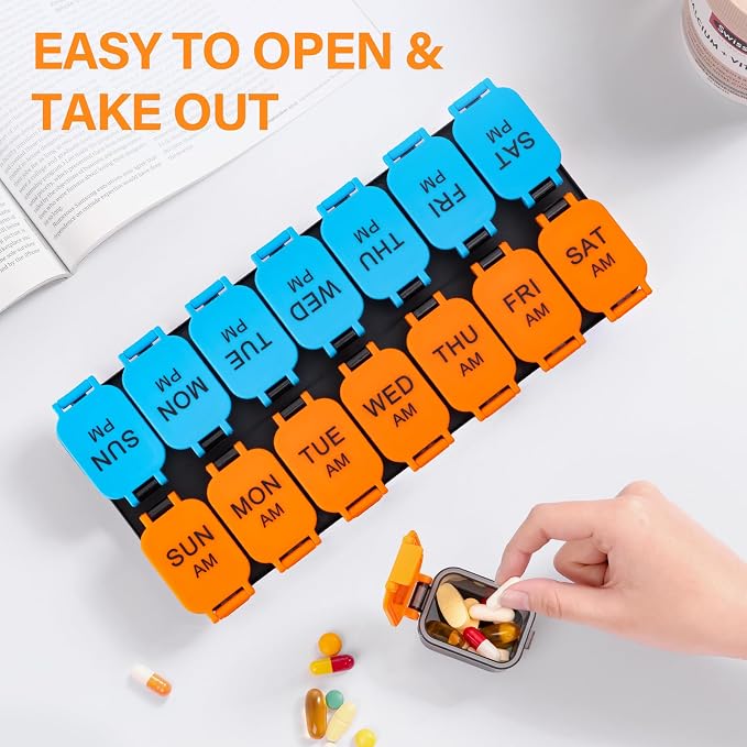 Yaklim Extra Large Weekly Pill Organizer, Detachable 7 Day AM PM Pill Box | XXL 14 Detachable AM PM Compartments；For Big Vitamins & Supplements； Easy to Open & Fill； Waterproof Seals； Easy Readability