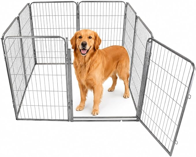 Indoor Dog Playpen - 40 inch, 8 Panels for Medium and Large Size Dogs - Play Pen w/Extra Wide Gate - Heavy Duty Metal Portable Pet Fence with Grey Anti-Rust Coating