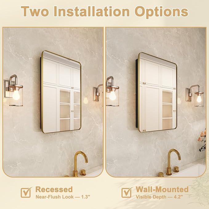 20x28 in Brushed Gold Medicine Cabinet with Mirror for Bathroom, Gold