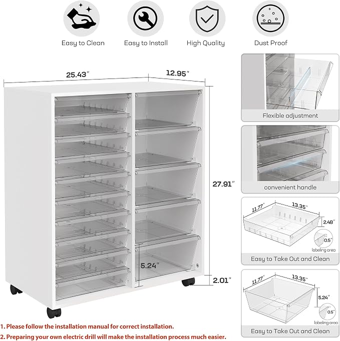 Mobile Storage Cabinet with 15 Clear Drawers, Modern White | Craft Cabinet with 5 Large Drawers, Cart with Wooden Tabletop, Printer Stand Home Office, Dresser Chest