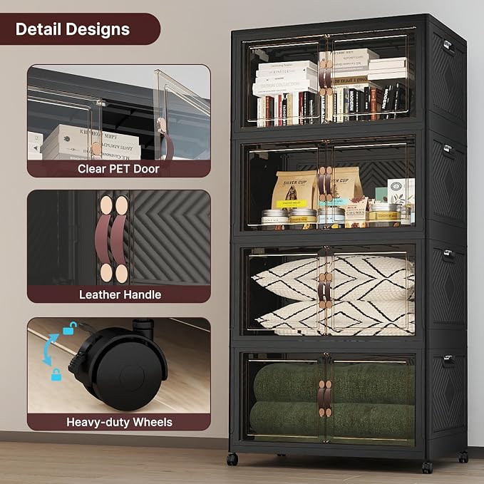 Stackable Storage Bins with Lids, 1440QT Lockable Storage Cabinet | Folding Storage Box with Doors and Wheels, Collapsible Plastic Drawers for Home, Garage, Office