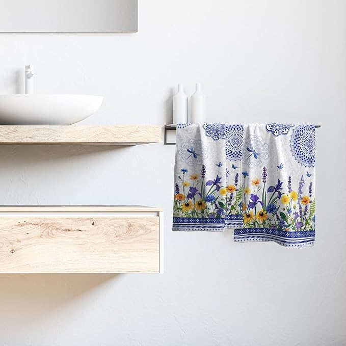 Giwawa Navy Flower Hand Towels Set of 2 Blue Floral Decorative Soft Microfiber Face Towel Kitchen Dish Towels for Bathroom Home Hotel Gym Decor