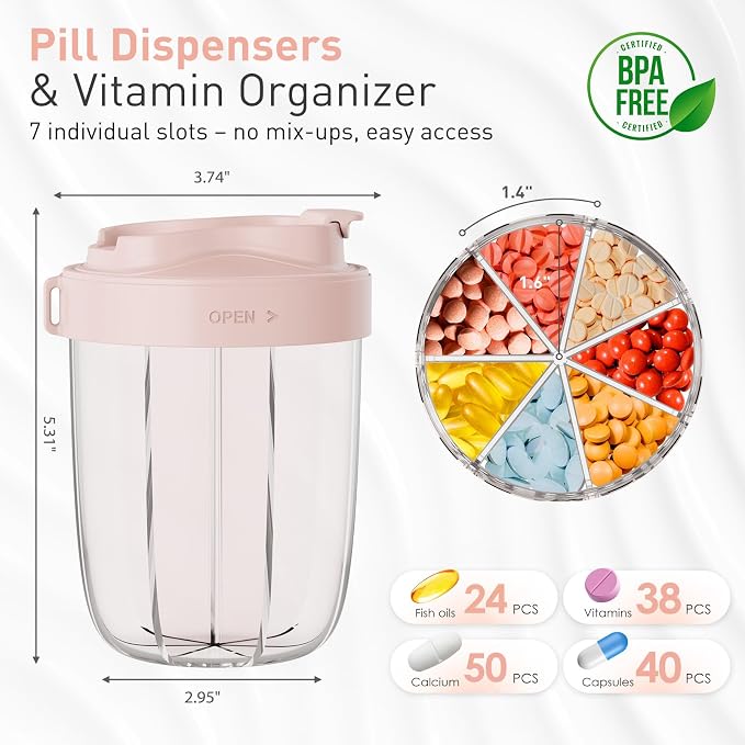 Pill Dispenser with 7 Large Compartments - Portable Pill Organizer for Travel
